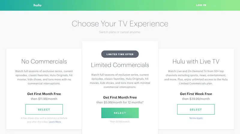 Hulu Sales Funnel Example Pricing Page